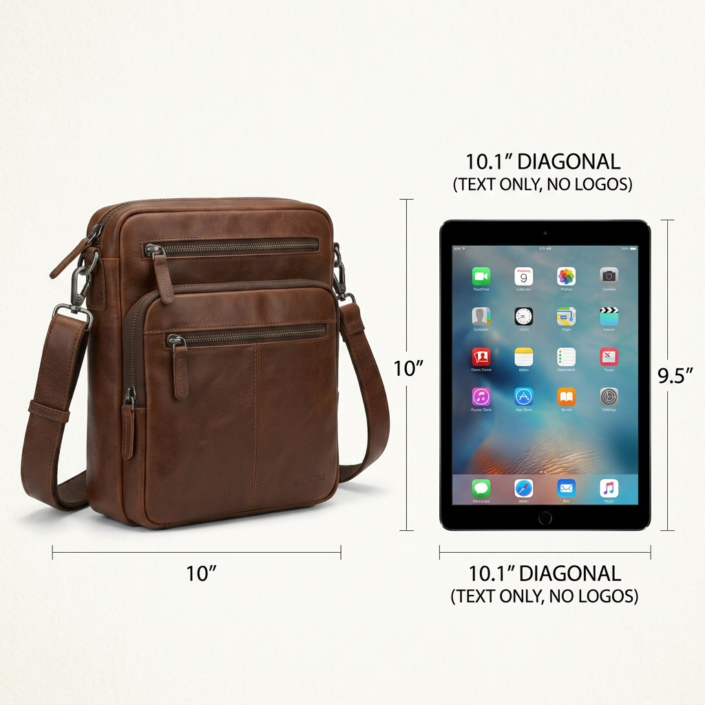 Grand sac brun Mancini à côté d’une tablette de 10,1 po pour illustrer son format.