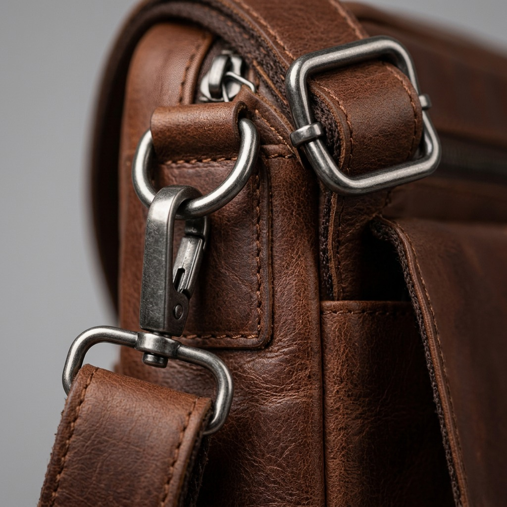 Gros plan sur le cuir brun, les coutures et la quincaillerie d’un grand sac Mancini.