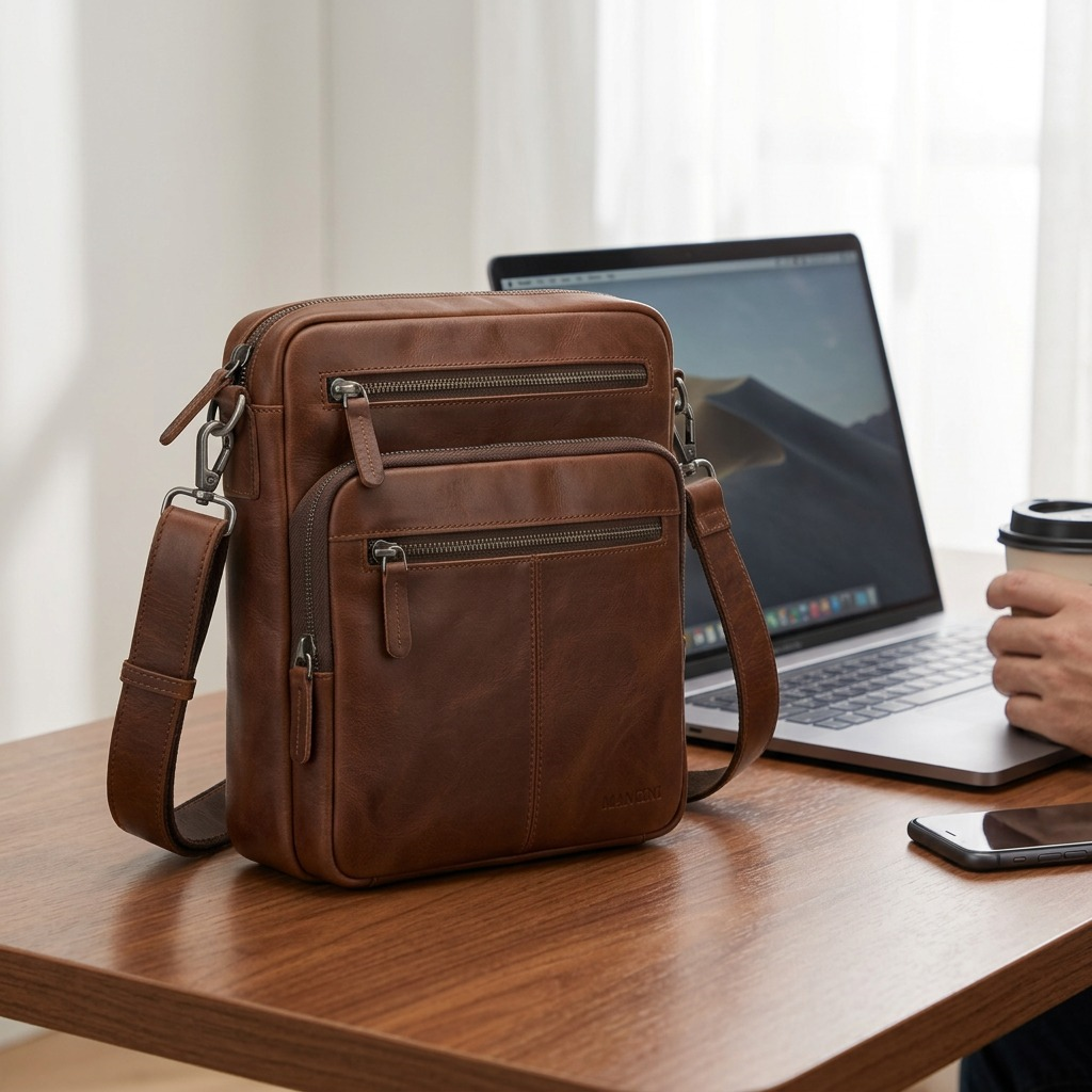 Grand sac messager brun Mancini posé sur un bureau à côté d’un portable et d’un café.