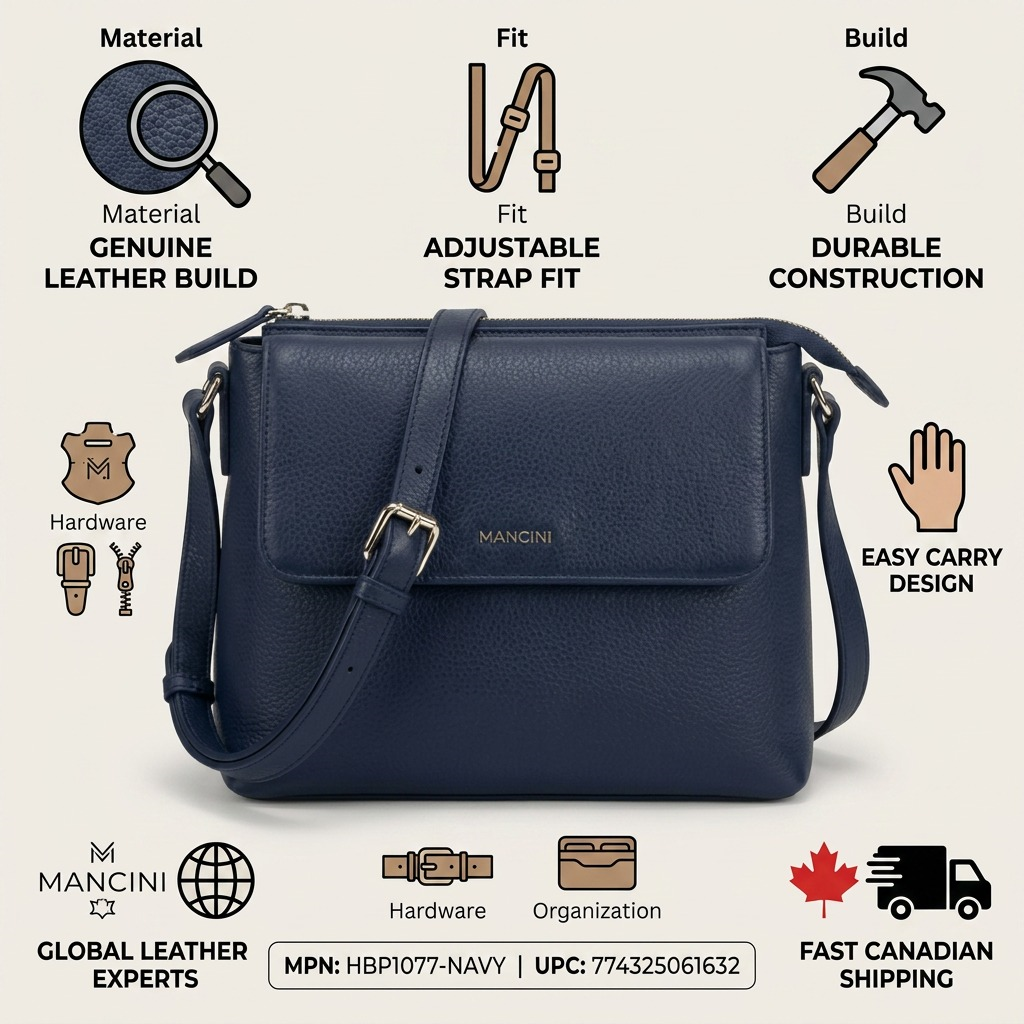 Mancini HBP1077-NAVY bag infographic showcasing quality, Canadian shipping, and SKU details.