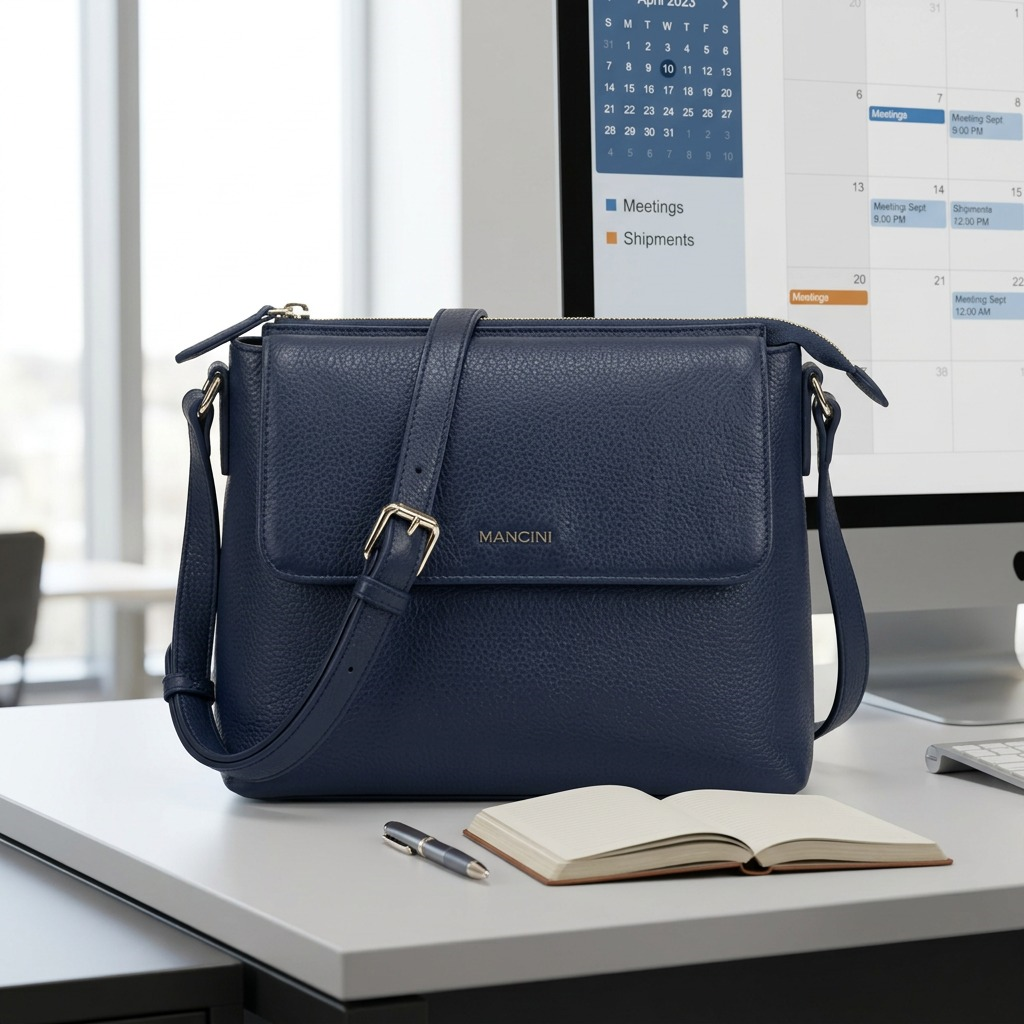 A navy pebbled leather Mancini crossbody bag in an office, shown next to an open journal and pen for clear scale reference.
