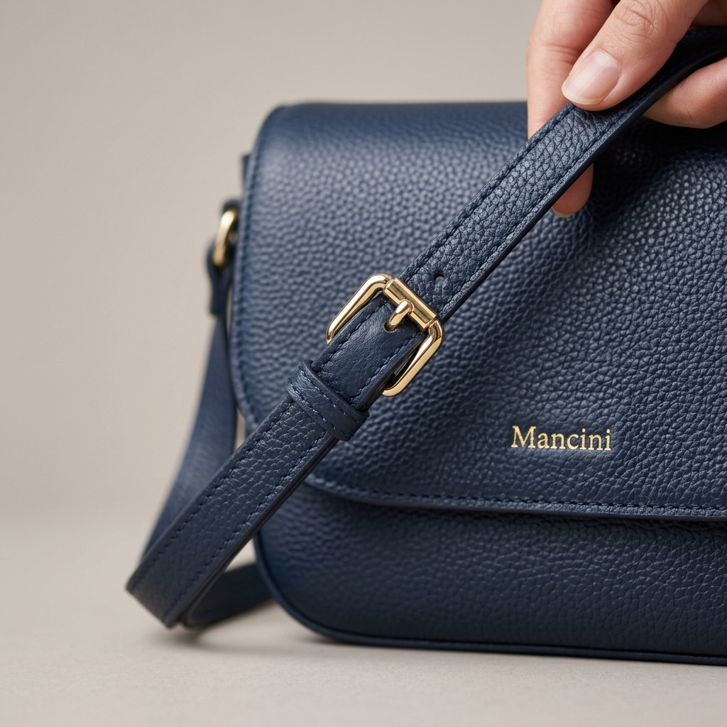 Macro detail shows pebbled navy leather texture and precision buckle hardware on Mancini crossbody bag