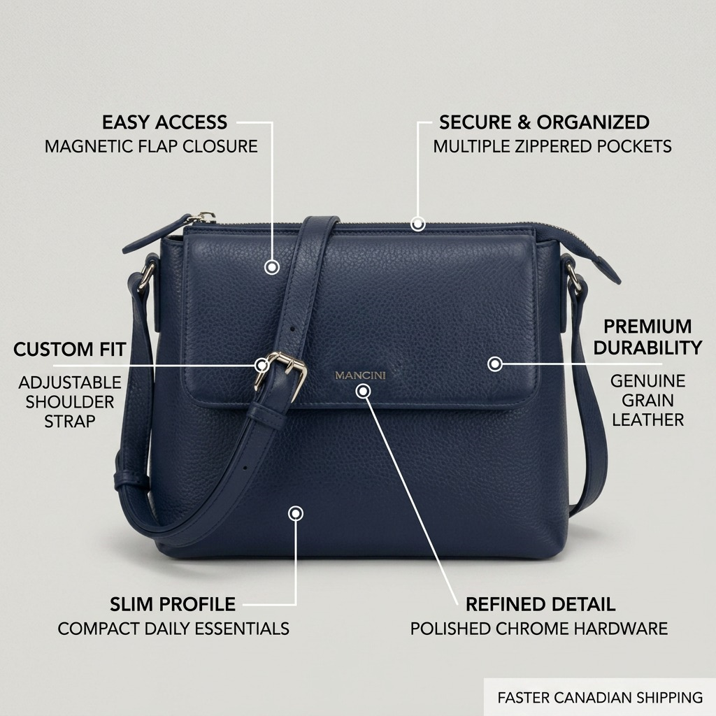 Close-up diagram showing technical features of blue Mancini Leather Goods cross-body bag and strap