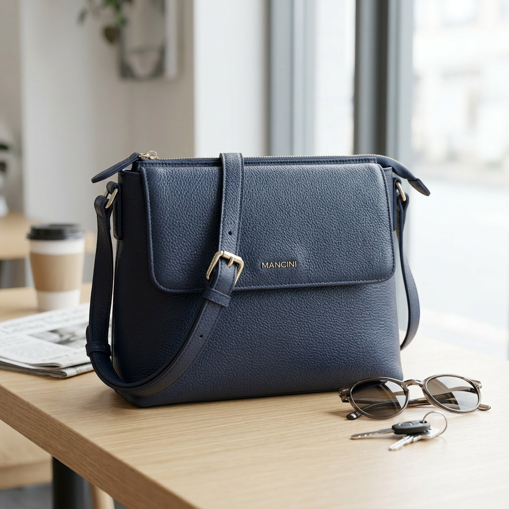 Mancini navy crossbody bag on a cafe table with lifestyle items visually showing daily use.