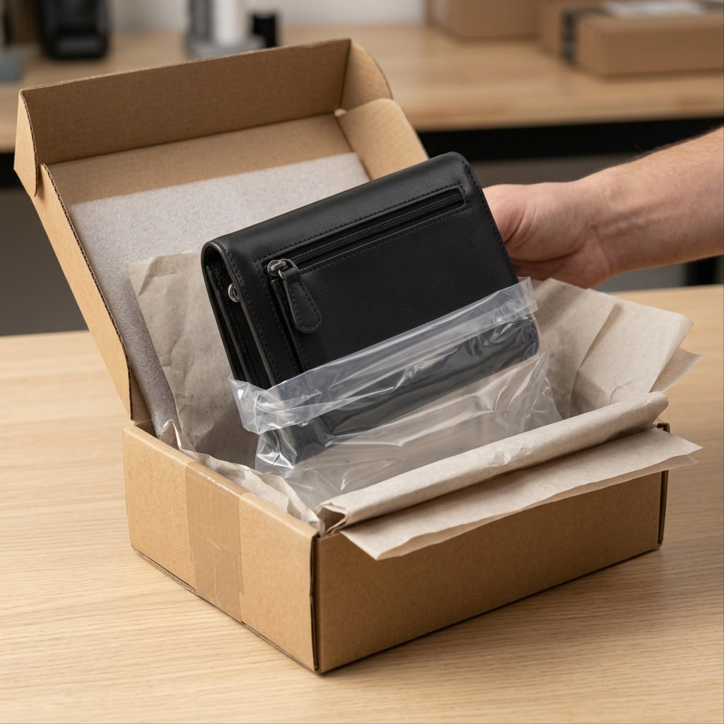 Portefeuille pochette noir Mancini partiellement déballé avec ses protections d’emballage.
