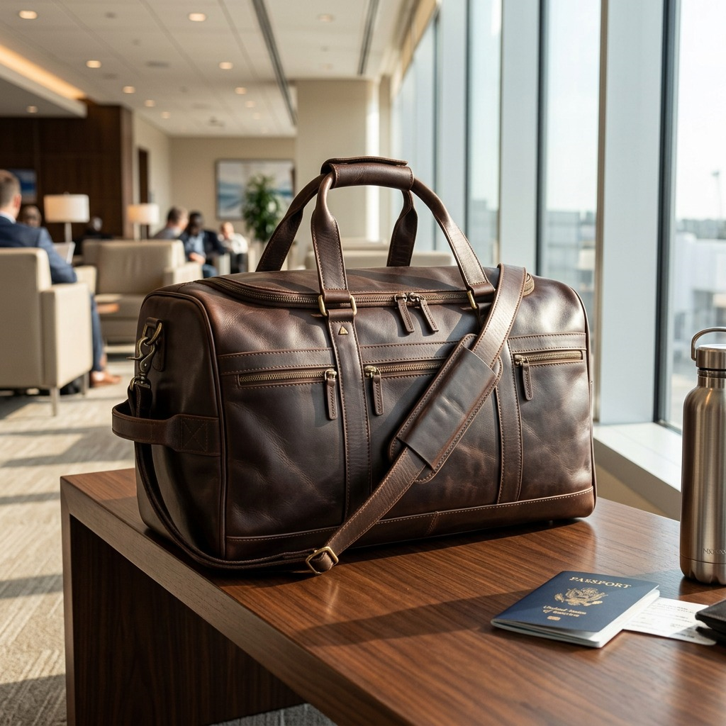 Brown top grain leather Mancini carry-on duffle bag with dual handles and padded shoulder strap.