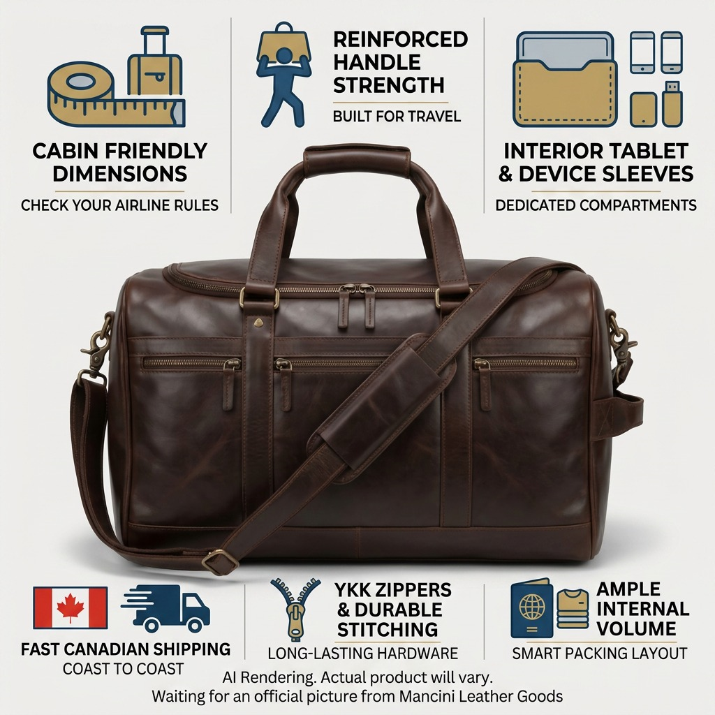 Infographie du sac de voyage brun Mancini présentant son format et la livraison au Canada.