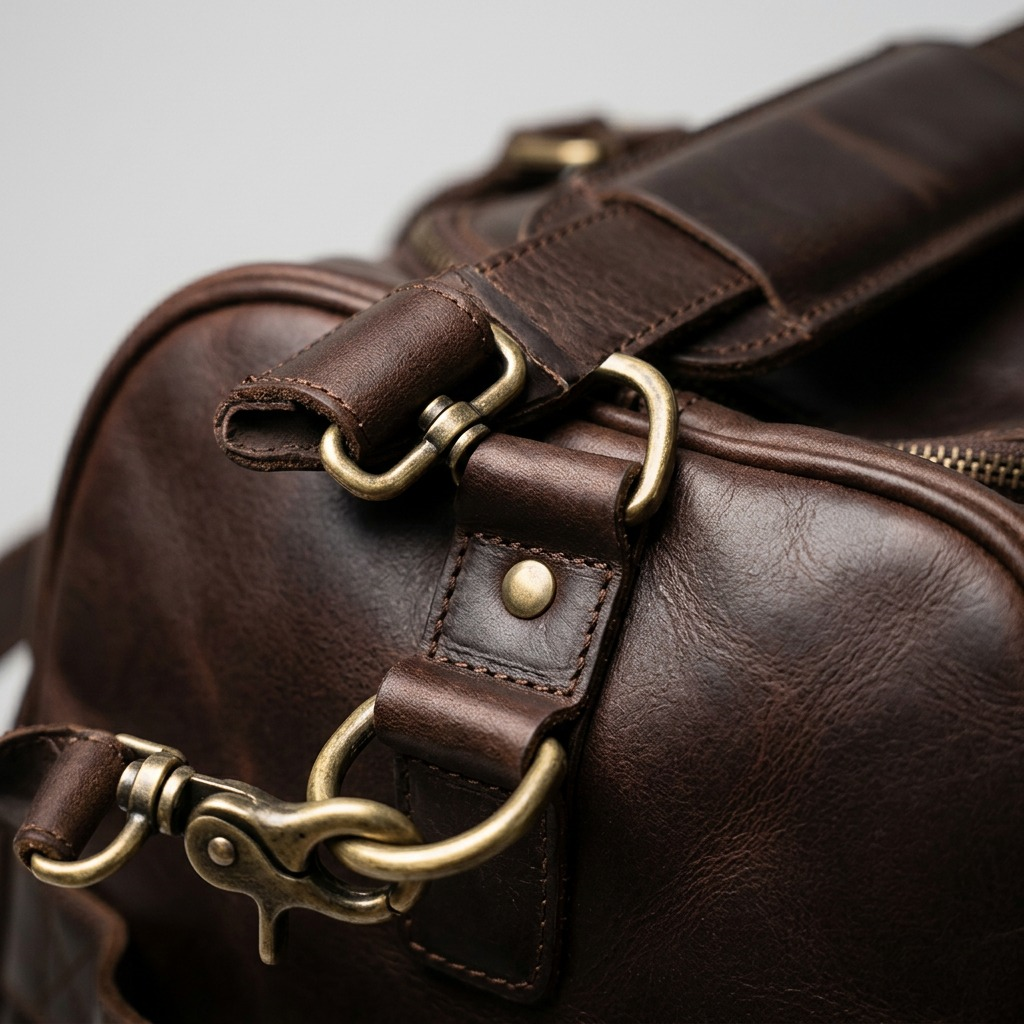 Gros plan sur les attaches métalliques et la texture du cuir d’un sac de voyage Mancini.