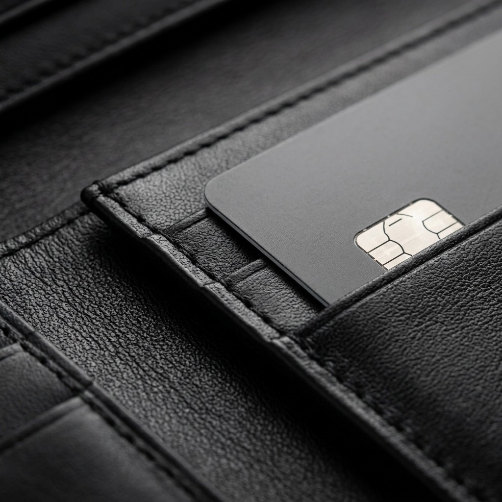Macro detail image of a high-end credit card chip and leather stitching.