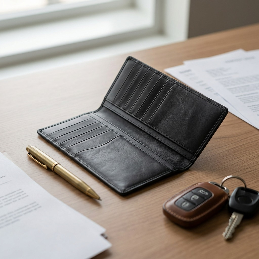 The open leather wallet rests with other essentials on a desk, capturing its texture and functionality.