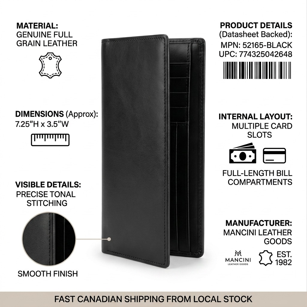 Trust and authority infographic showing details of Mancini Leather Goods black leather pocket wallet.