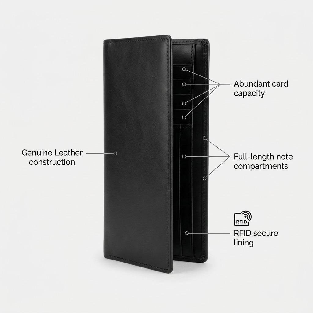 Product graphic showing feature highlights on the Mancini black leather wallet.
