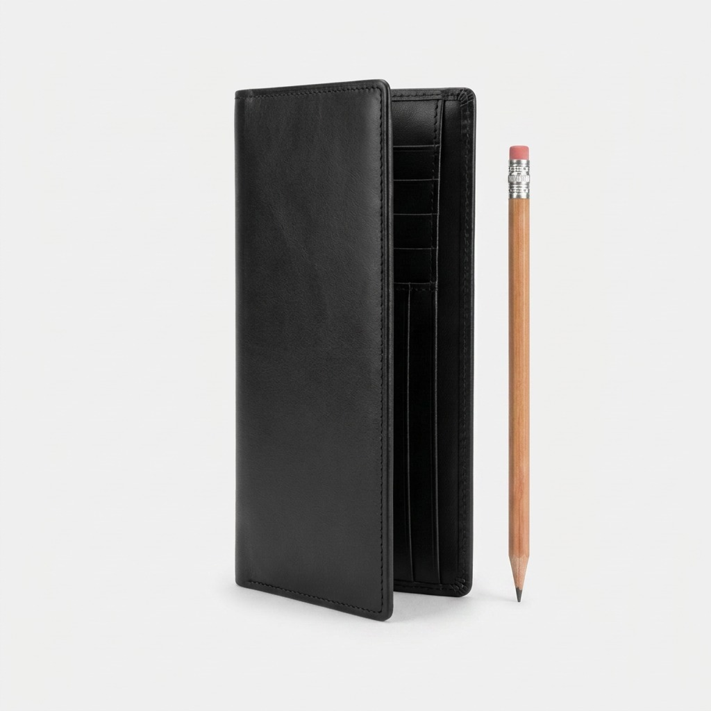 A black leather bifold wallet stands next to a wooden pencil on a neutral background to illustrate scale.