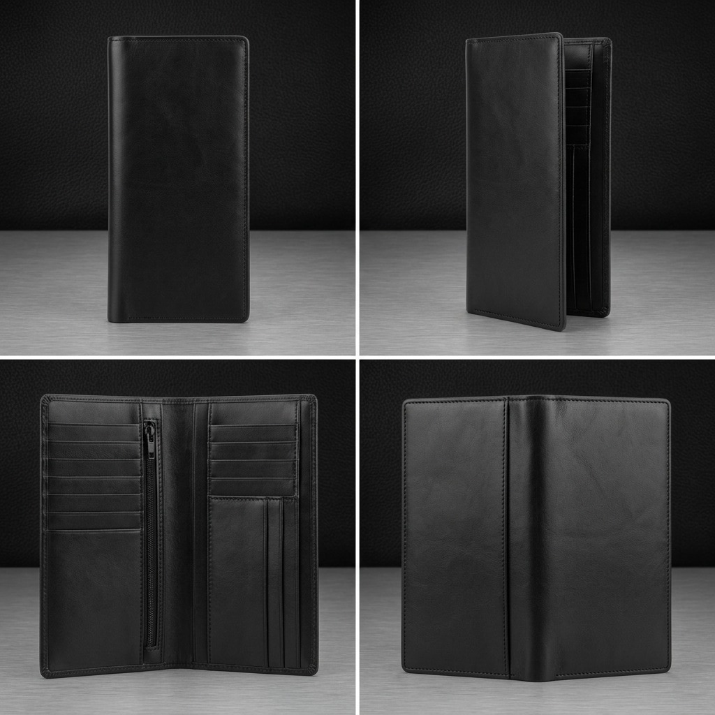 A four-panel product showcase matrix for the Mancini black leather breast pocket wallet. Panel 1 features the front, closed; Panel 2 shows the side profile; Panel 3 unfolds the interior card slots and pockets; and Panel 4 displays the back. Each view uses the same premium black smooth leather, ensuring a consistent representation across all angles. The matrix is set with realistic lighting against a neutral, high-end ecommerce background.