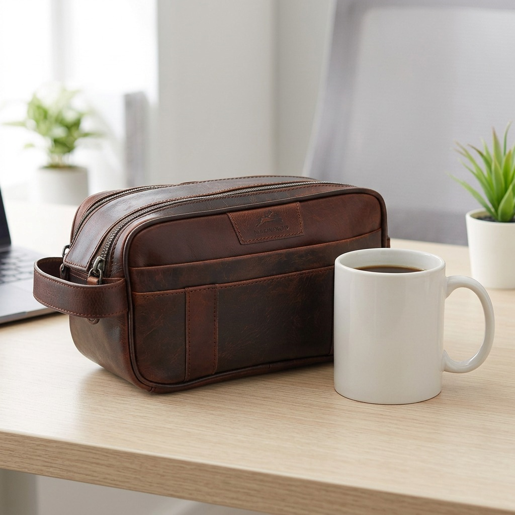 A rich brown leather Mancini toiletry bag with two main zippered compartments and side handle.