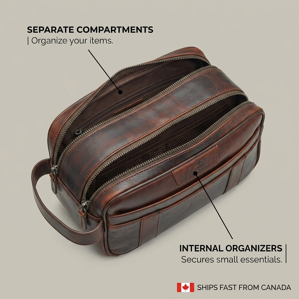 Vue de dessus de la trousse de toilette brune Mancini Buffalo avec compartiments intérieurs annotés.