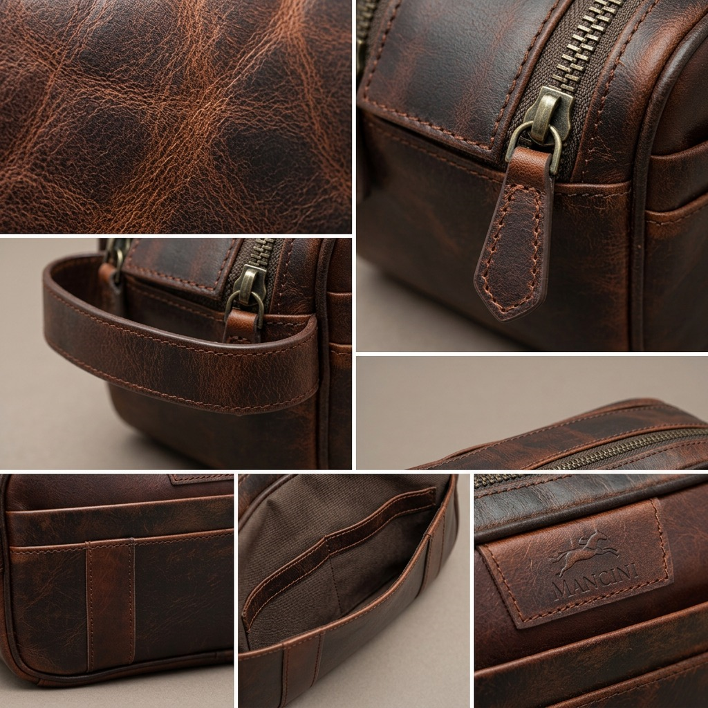 Trousse de toilette Buffalo brune à deux fermetures – Mancini, référence 99-54202-BROWN