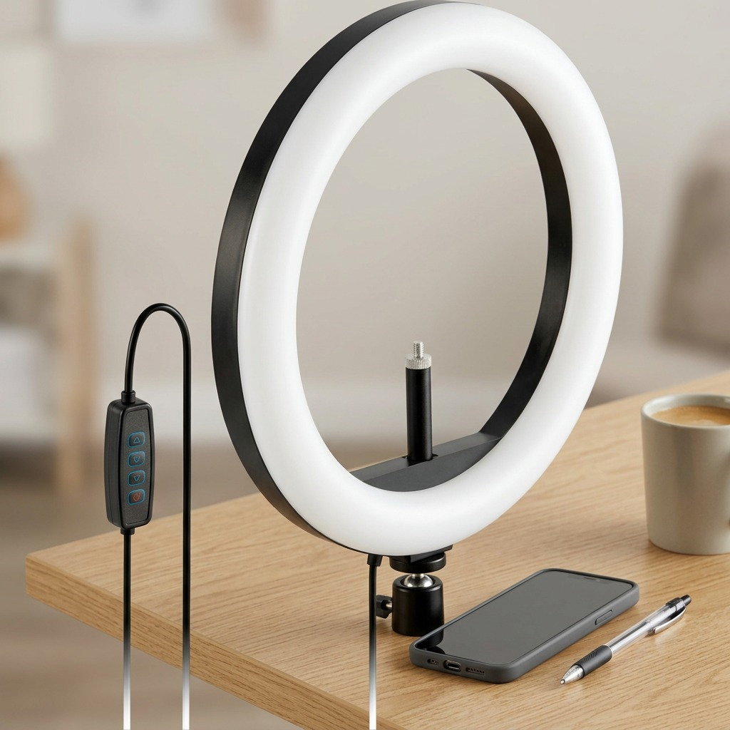 A Kensington 10-inch ring light K87653WW, with its inline controller, mounted on its central stand next to a standard 6-inch smartphone on a desktop.