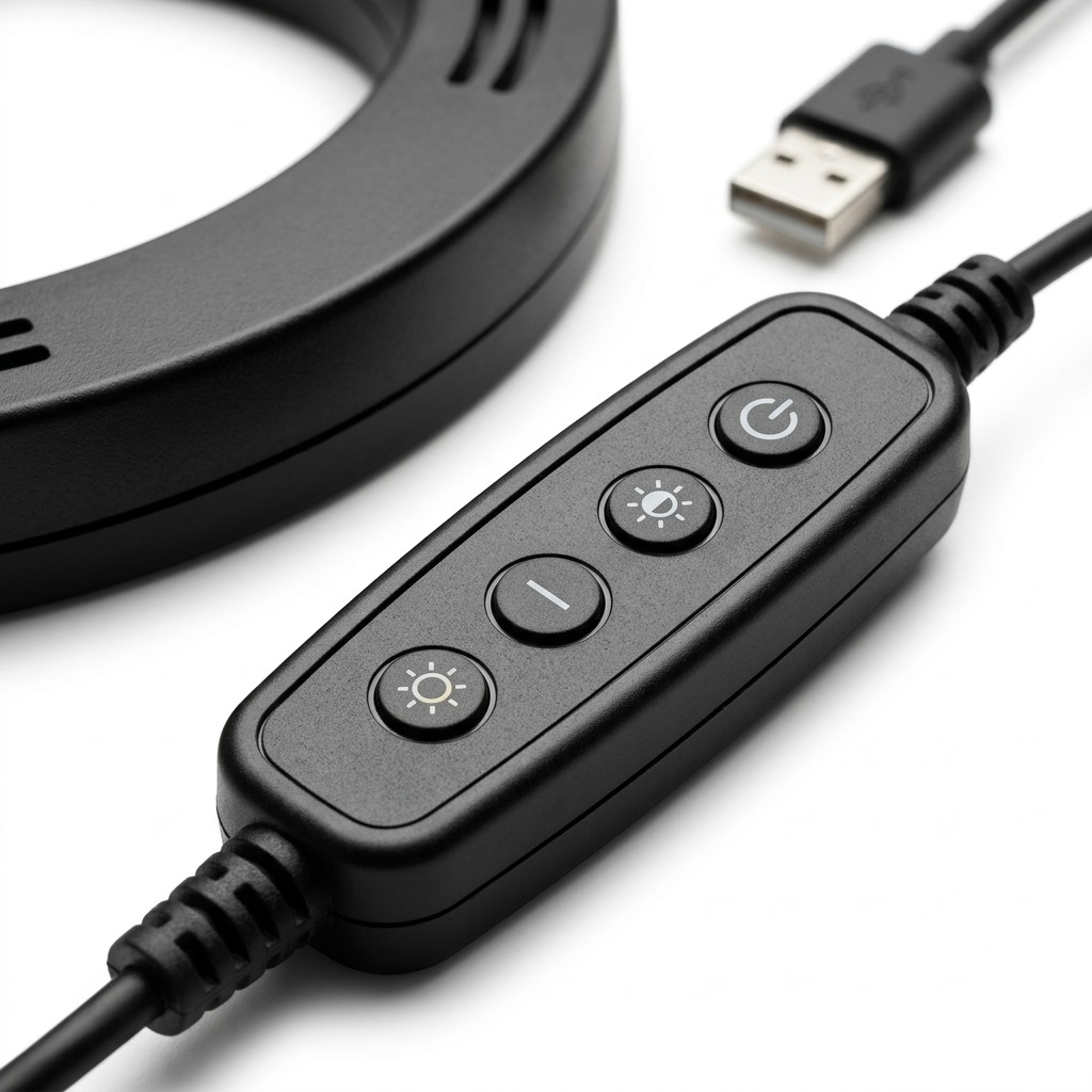 Macro view of Kensington ring light inline remote, USB plug, and textured ring edge.