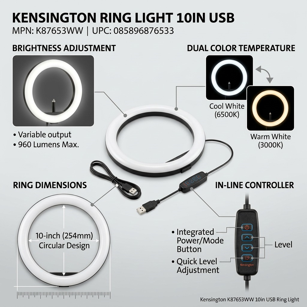 An infographic matrix callout graphic for the Kensington K87653WW 10in USB Ring Light, highlighting brightness, dual color temperature, ring size, and in-line controls.