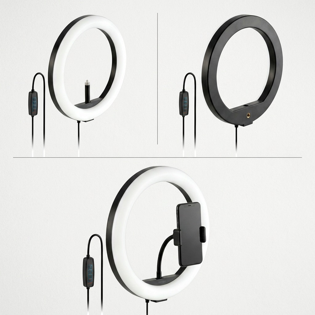 A matrix of three product images displayed on a light, neutral background, featuring a Kensington single 10-inch ring light with its cable control, a 10-inch ring light with two gooseneck phone mounts, and a 10-inch ring light with an articulated gooseneck phone mount.