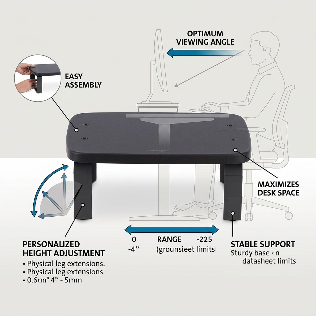 Kensington SmartFit Monitor Stand graphic highlighting adjustable height, desk space, and assembly.