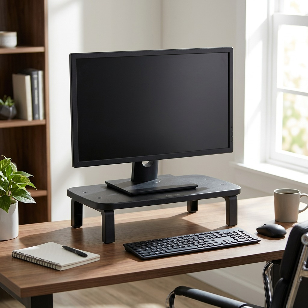 A black Kensington SmartFit Monitor Stand elevates a computer screen on a modern wood desk.