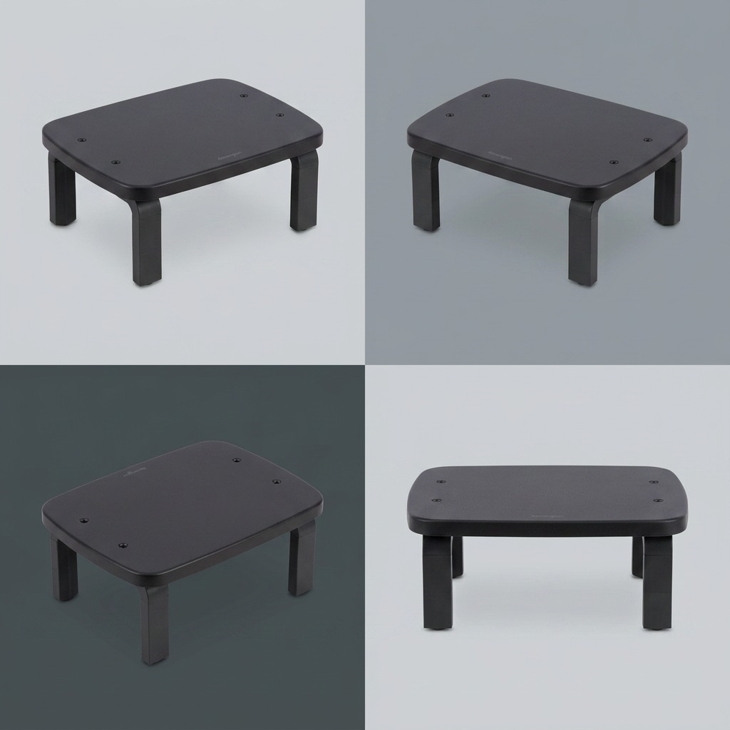 Grid of four views showing the black Kensington SmartFit Monitor Stand from different angles.