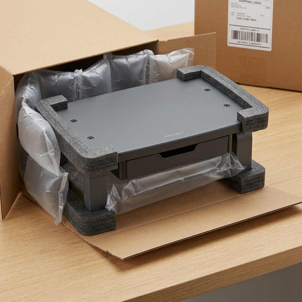 Kensington SmartFit Monitor Stand inside a shipping box with air cushions and foam corner protectors.