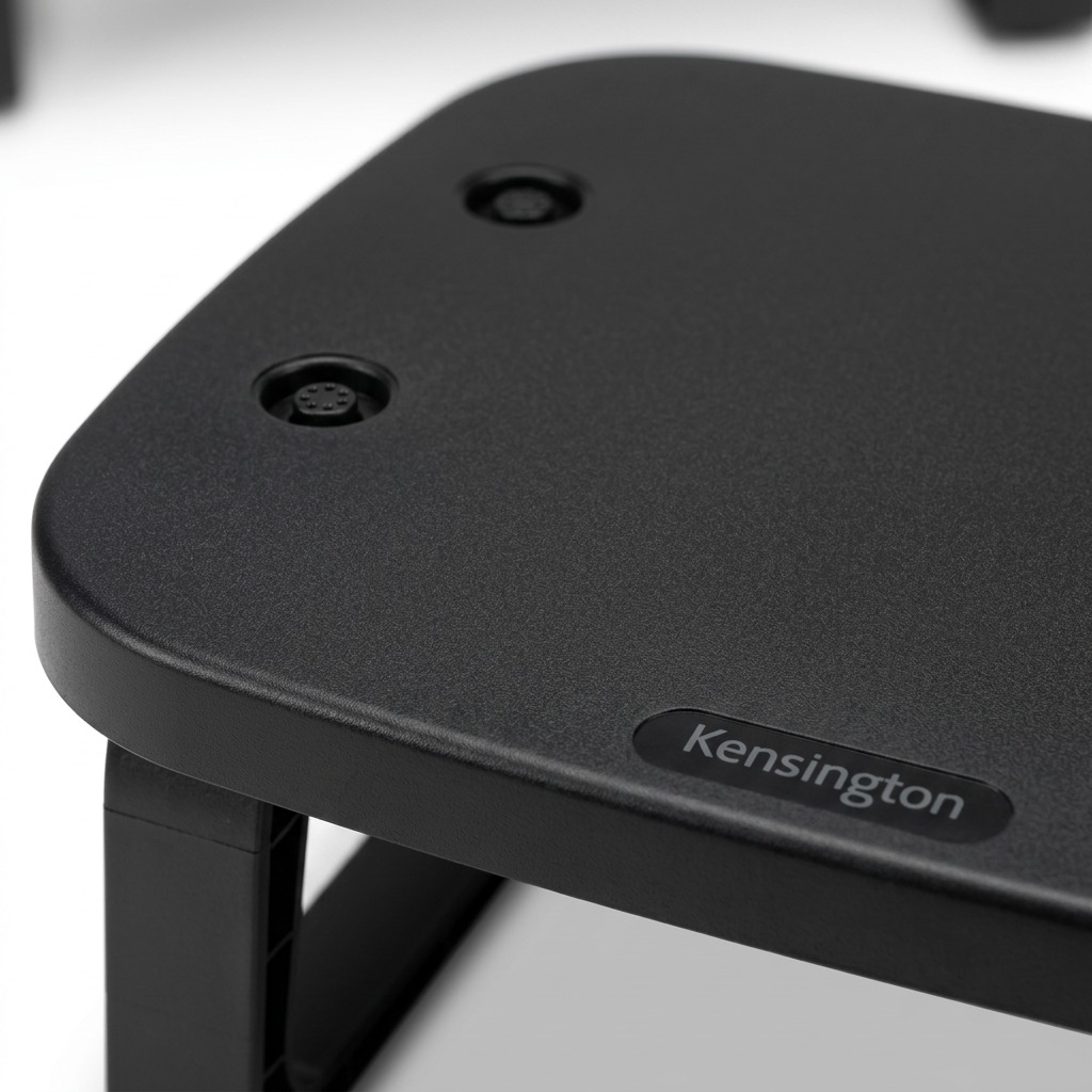 Macro detail of the black Kensington SmartFit Monitor Stand surface showing texture and logo.