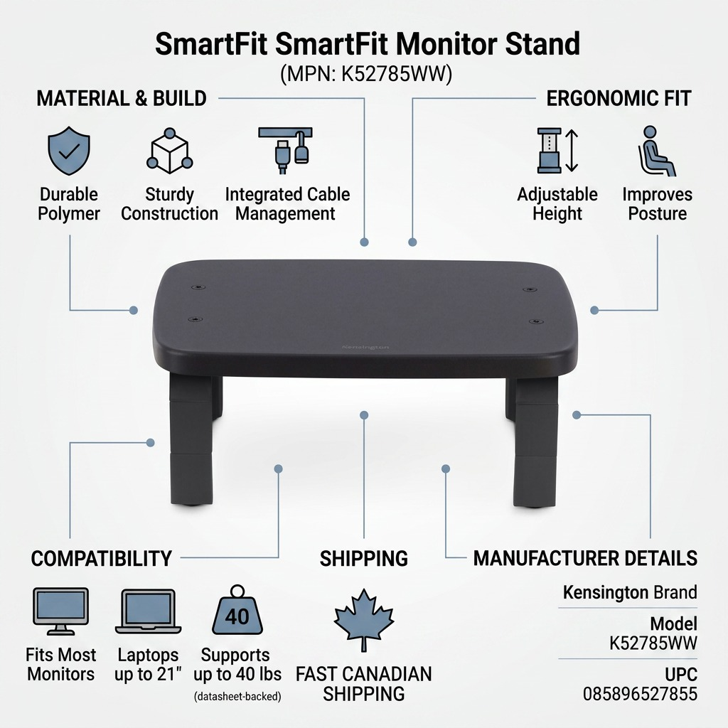 Infographic for Kensington SmartFit Monitor Stand K52785WW showing ergonomic and build features.
