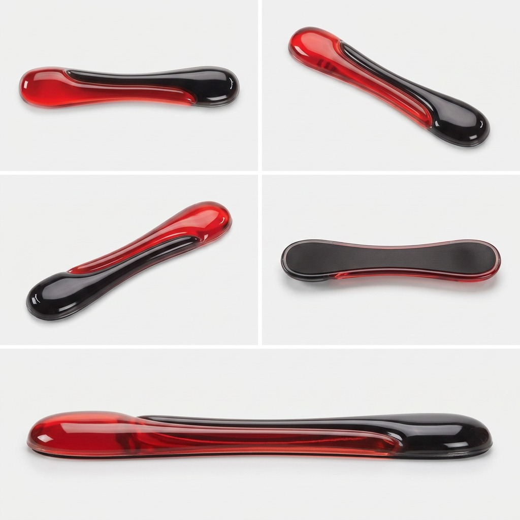 Multiple views of the red and black Kensington Duo Gel Keyboard Wrist Rest showing different angles.