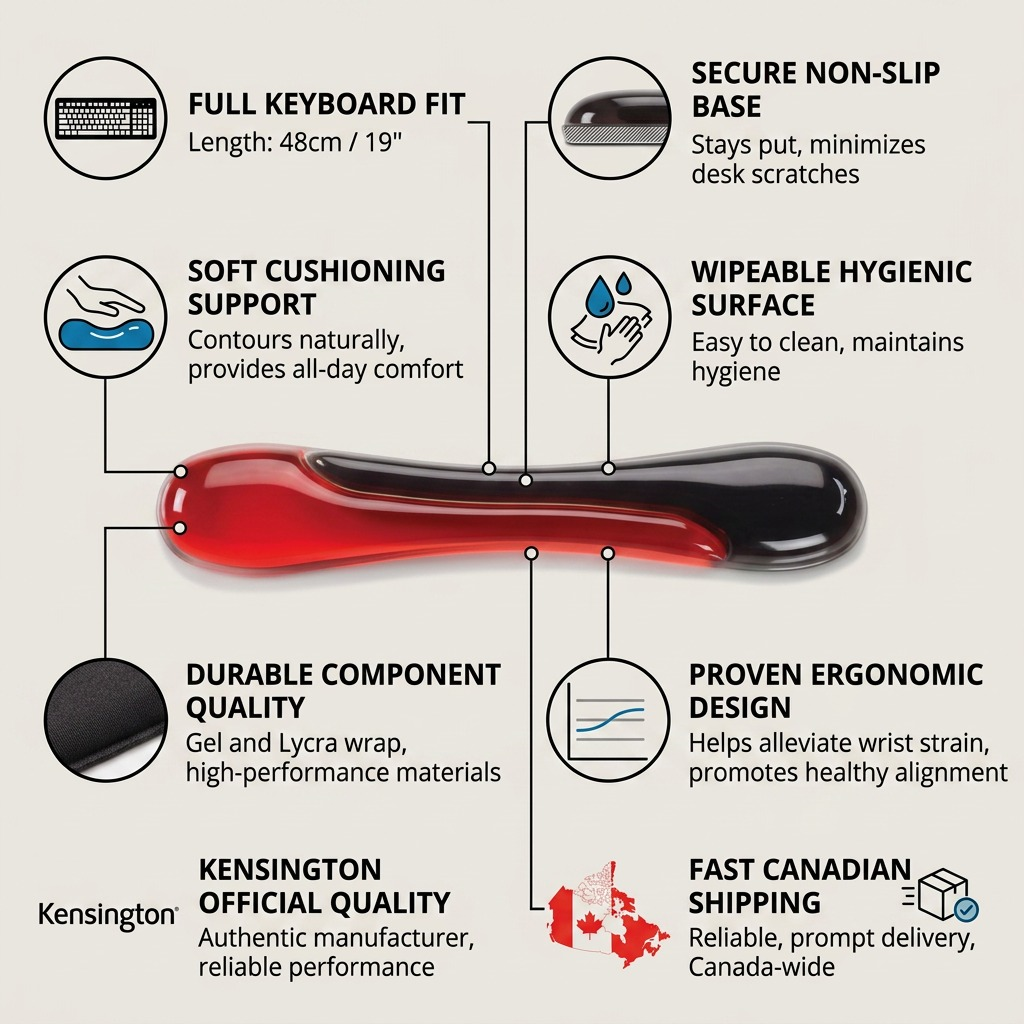Infographic for Kensington Duo Gel Keyboard Wrist Rest in red showing ergonomic design and shipping.