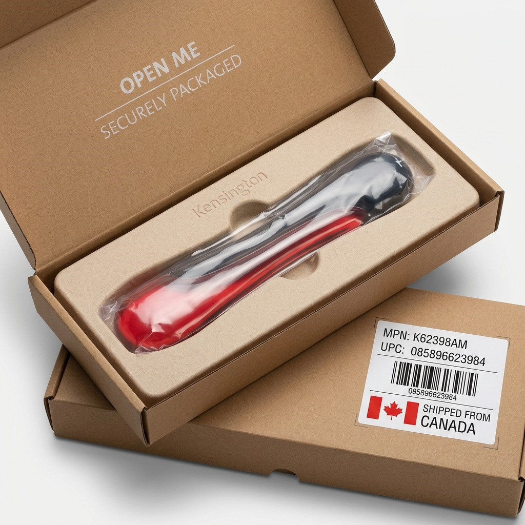 Kensington Duo Gel Keyboard Wrist Rest in red and black, securely packaged in a protective box.