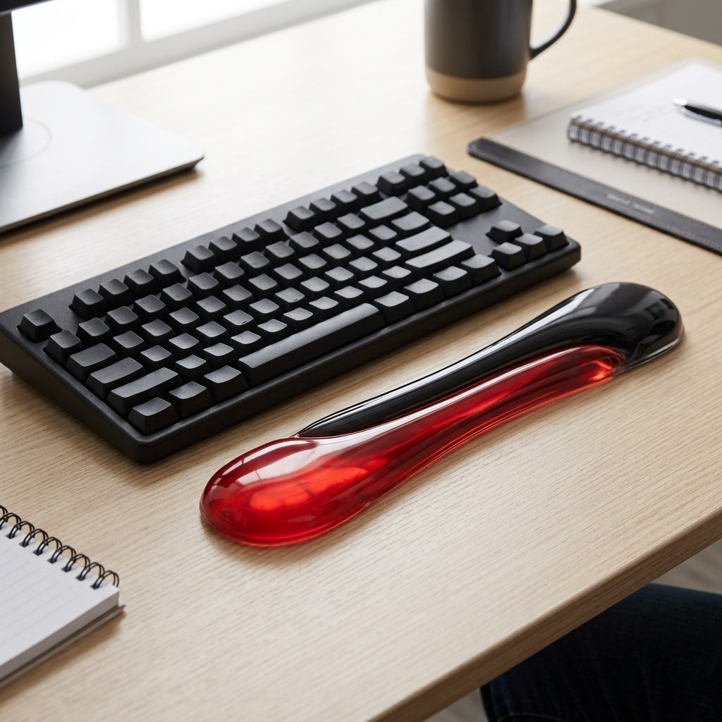 Red Kensington Duo Gel Keyboard Wrist Rest sits in front of a black keyboard on a light wood desk.