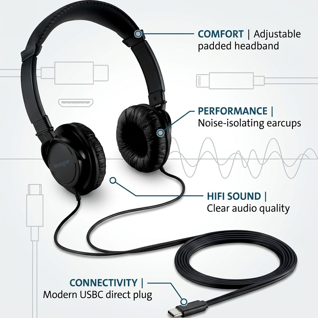 Feature callout graphic of Kensington USBC HiFi Headphones showing headband comfort, performance cups, and direct connectivity.