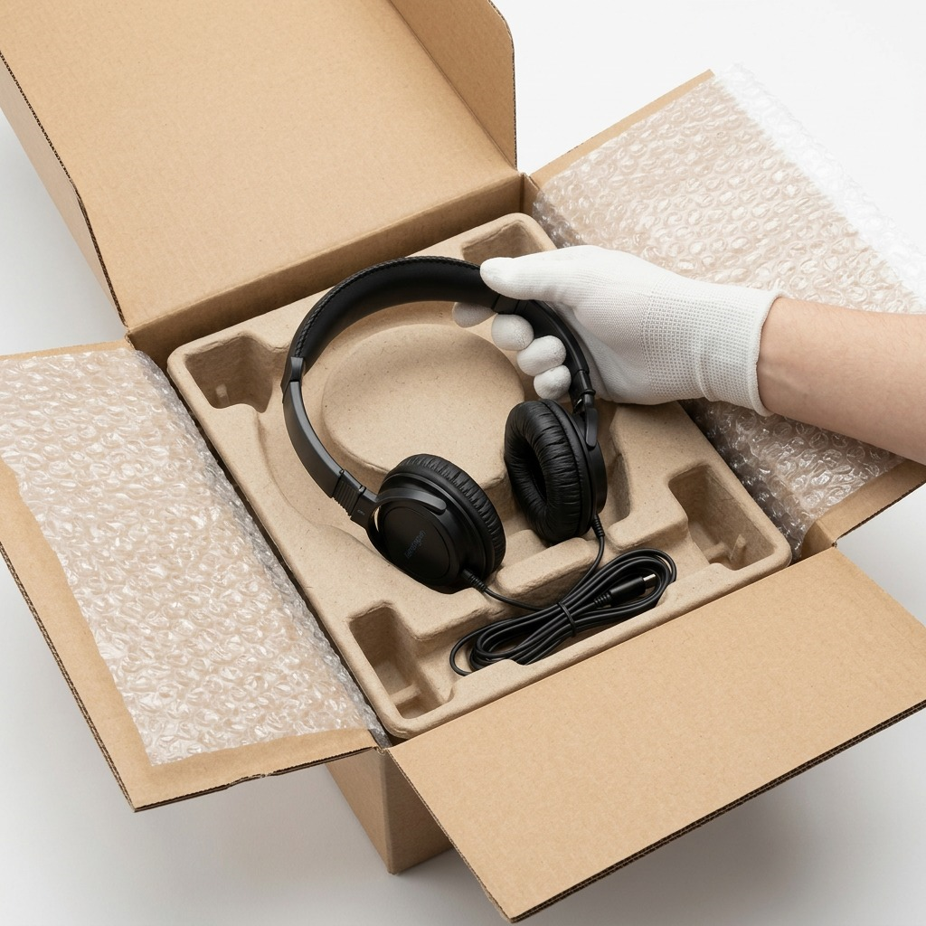 Kensington USBC headphones unboxed from a well-protected corrugated cardboard box with pulp insets and bubble wrap.