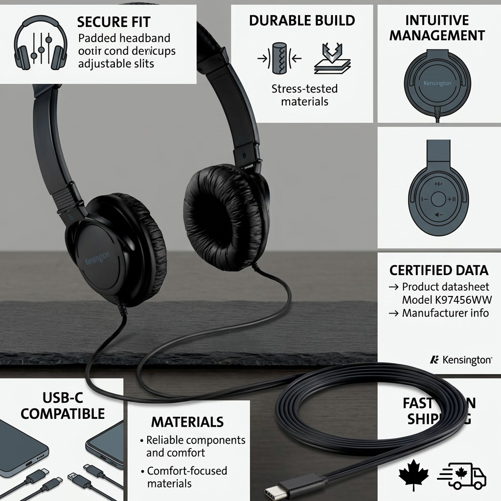 An infographic showing the black Kensington USB-C headset with a confidence-building grid outlining its features like comfort, durable materials, and full USB-C compatibility. Text emphasizes fast Canadian shipping, simple components, and the datasheet-backed build.