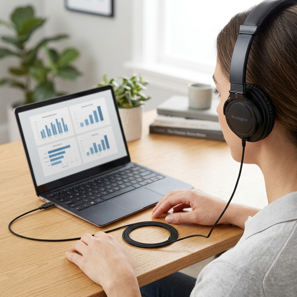 Lifestyle photo of a professional at a desk wearing the Kensington USB-C HiFi Head Phones to a laptop.