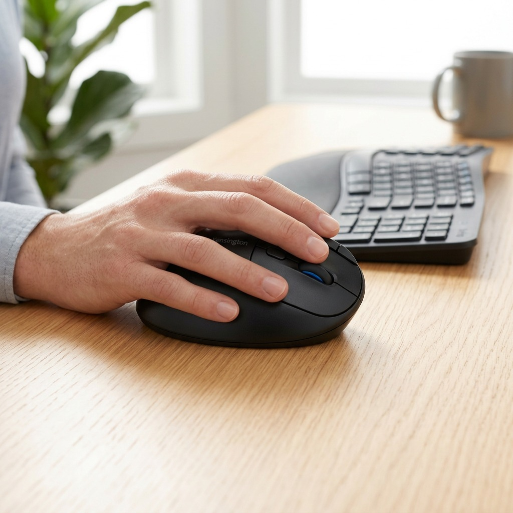 Person using the Kensington Pro Fit Ergo TB450 Trackball at a wooden desk with a keyboard.
