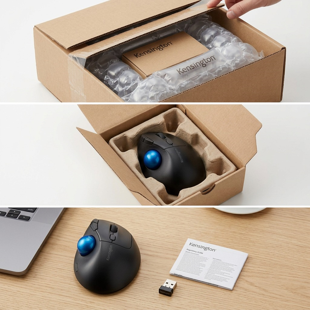 Kensington Pro Fit Ergo TB450 Trackball unboxing with protective shipping wrap and molded inserts.