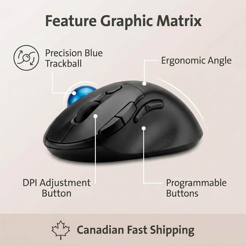 Kensington Pro Fit Ergo TB450 Trackball features callout: precision blue ball and programmable buttons.