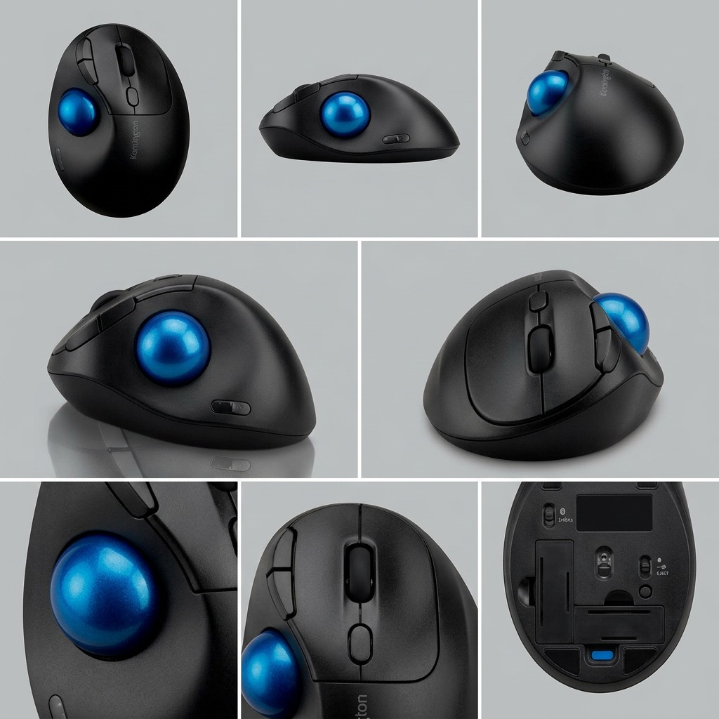 Grid showing the Kensington Pro Fit Ergo TB450 Trackball from multiple angles and close-up views.