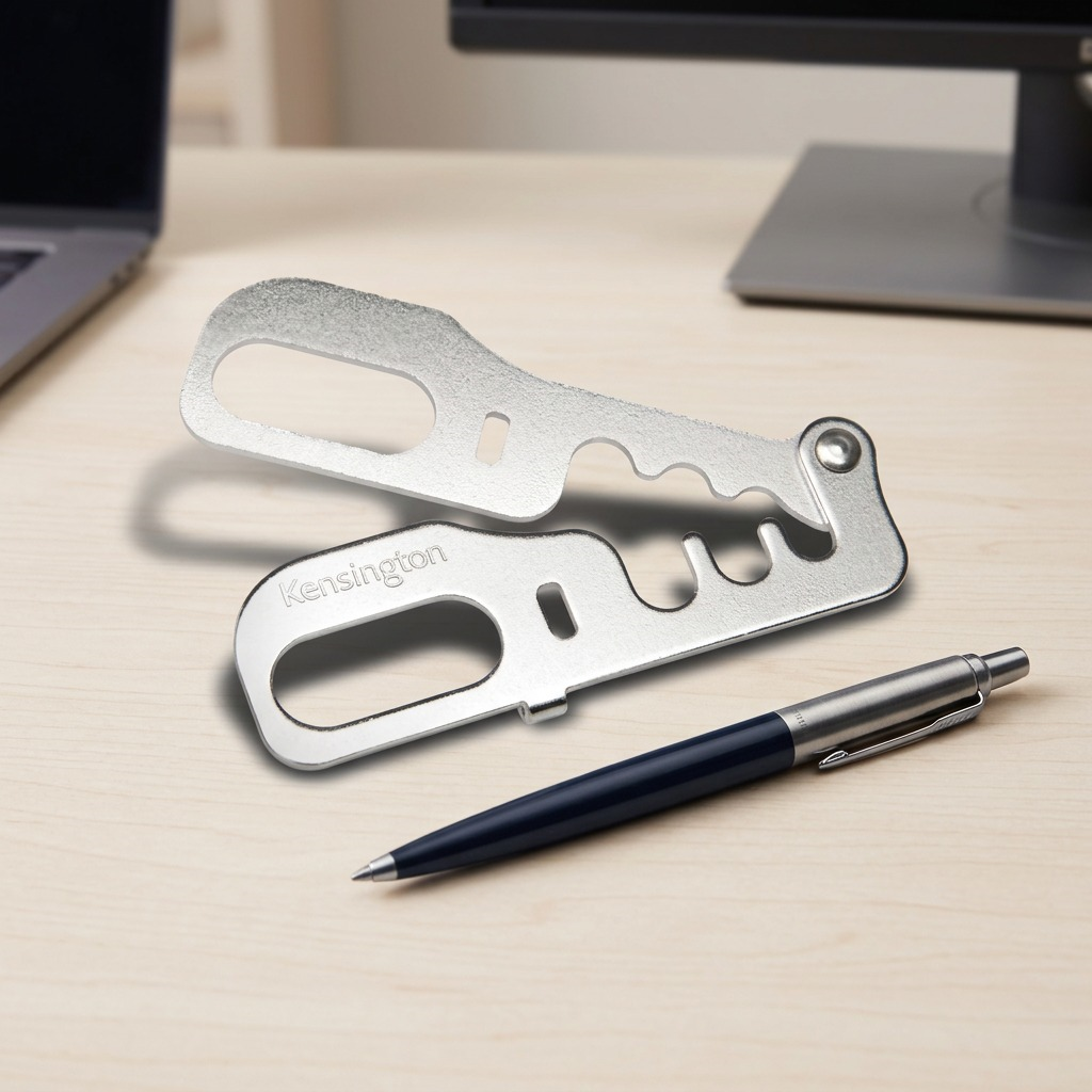 Kensington CableSaver security kit on a desk next to a pen for size comparison.