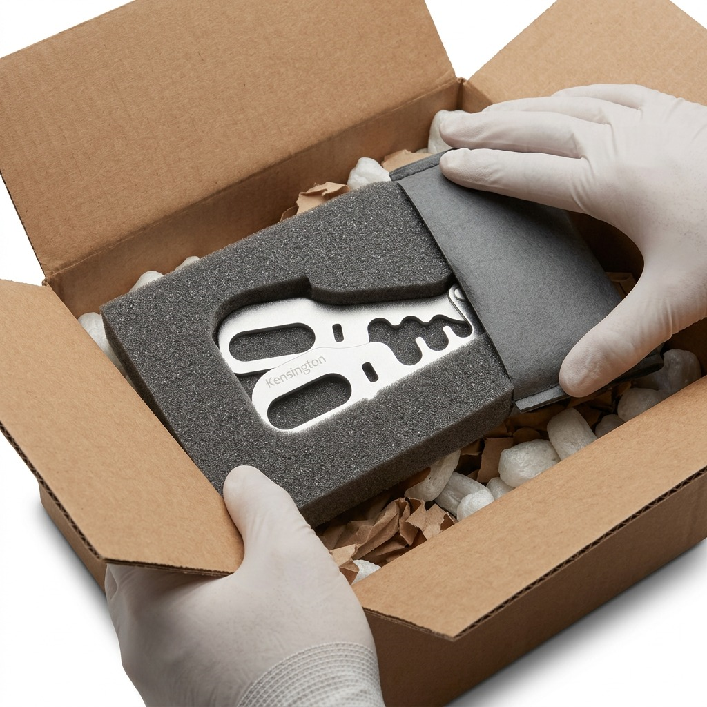 Kensington CableSaver security kit unboxed from a cardboard box with foam and protective packing.