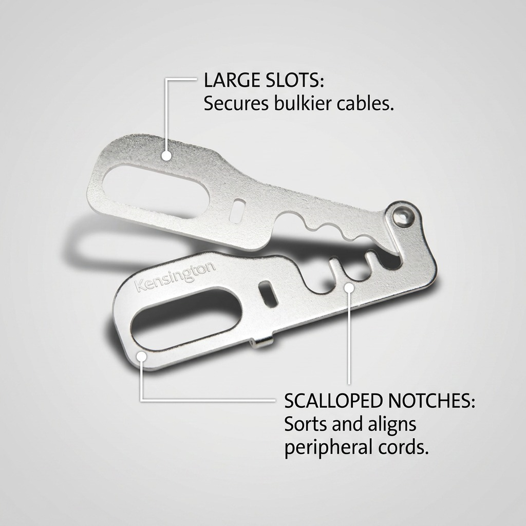 Kensington CableSaver security kit features large slots for bulky cables and scalloped notches.