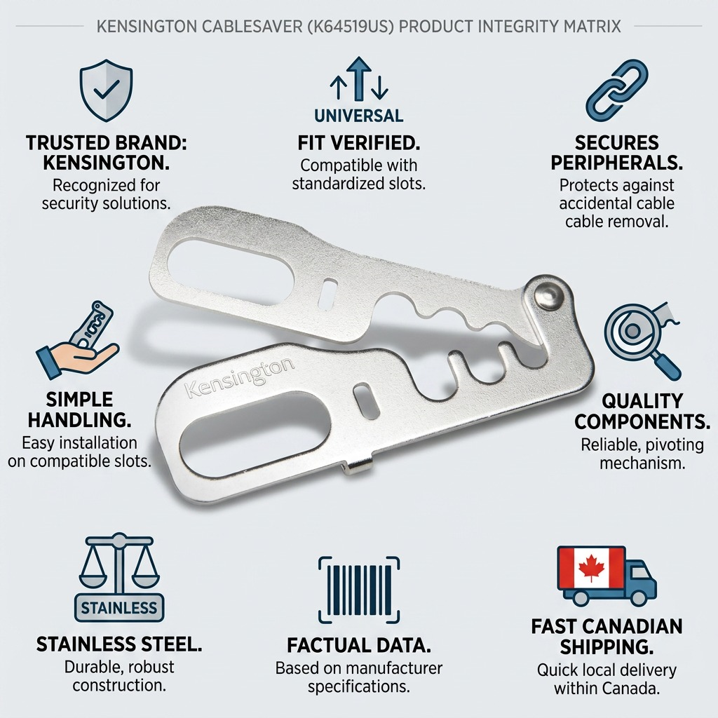 Kensington CableSaver product integrity matrix highlighting stainless steel build and universal fit.