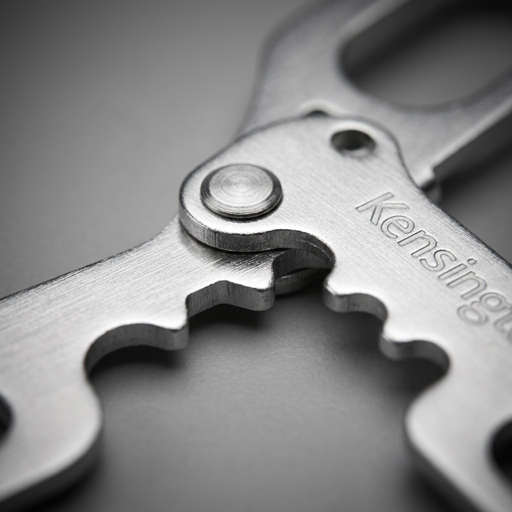 Macro detail of the Kensington CableSaver showing hardened steel construction and notched cable grips.