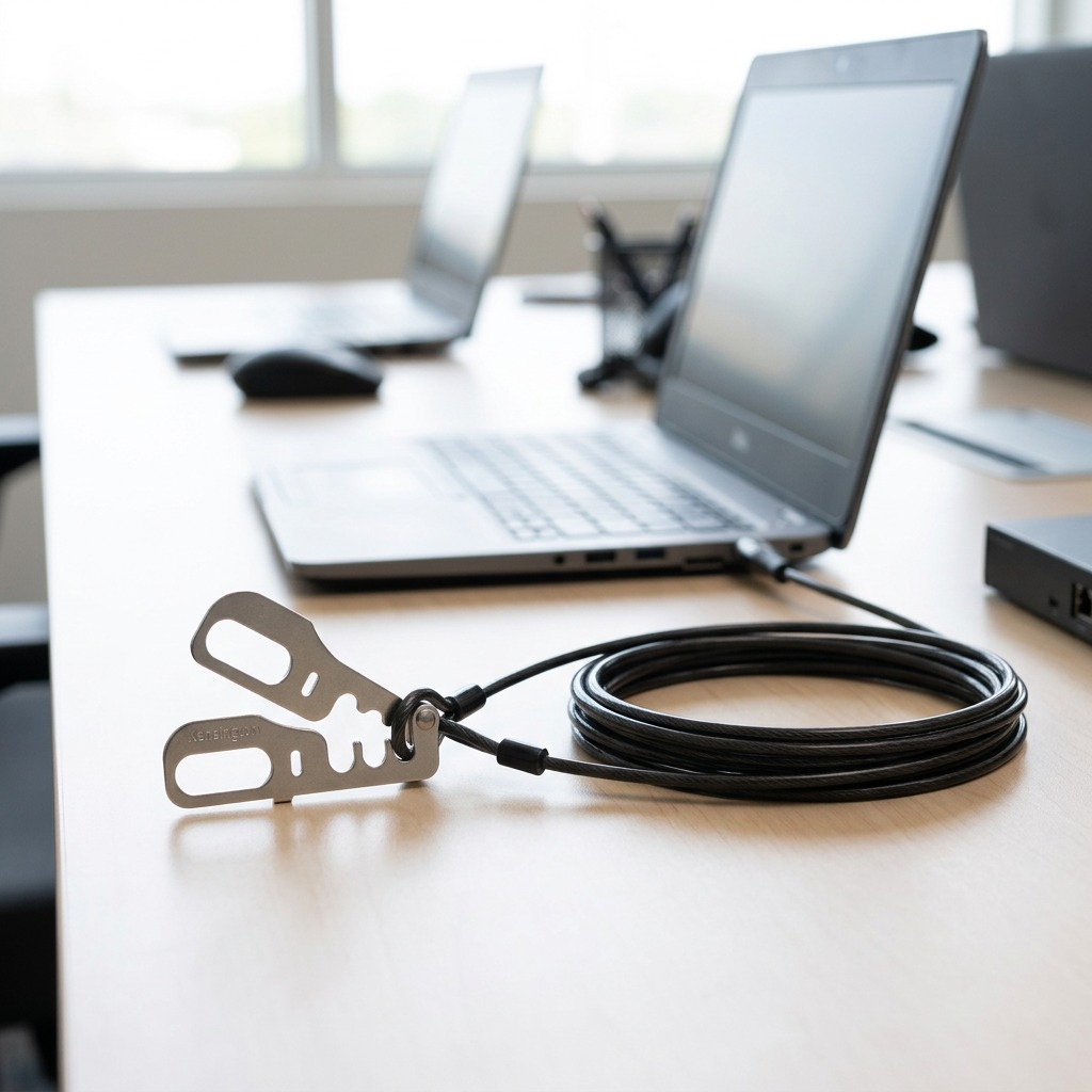 Kensington CableSaver security kit on an office desk, securing coiled peripheral cables near a laptop.