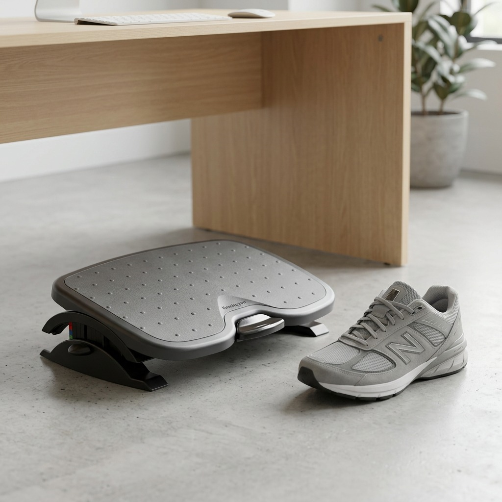 Kensington SmartFit Solemate Plus Foot Rest positioned under a desk next to a sneaker for scale.